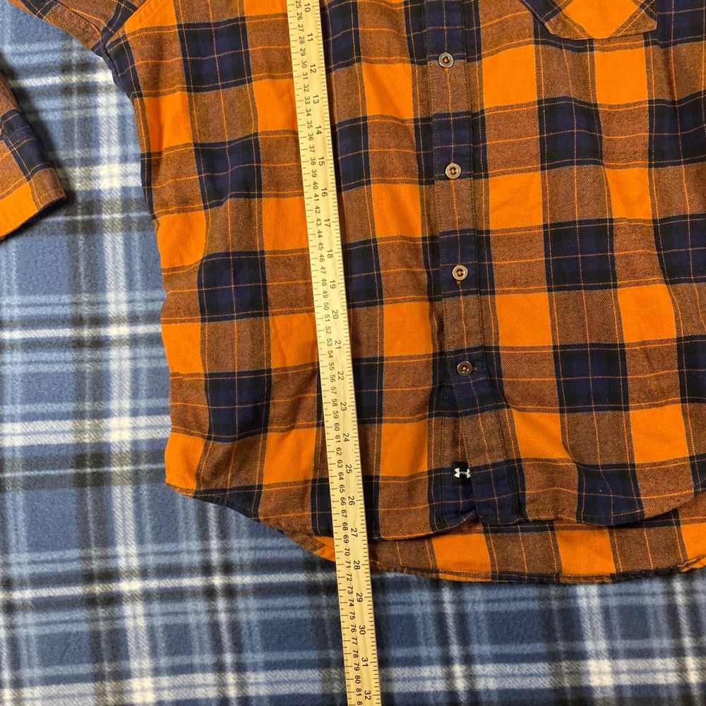 Under Armour ColdGear Mens Plaid Flannel Shirt Orange Navy Blue Loose Fit Large - Picture 5 of 6